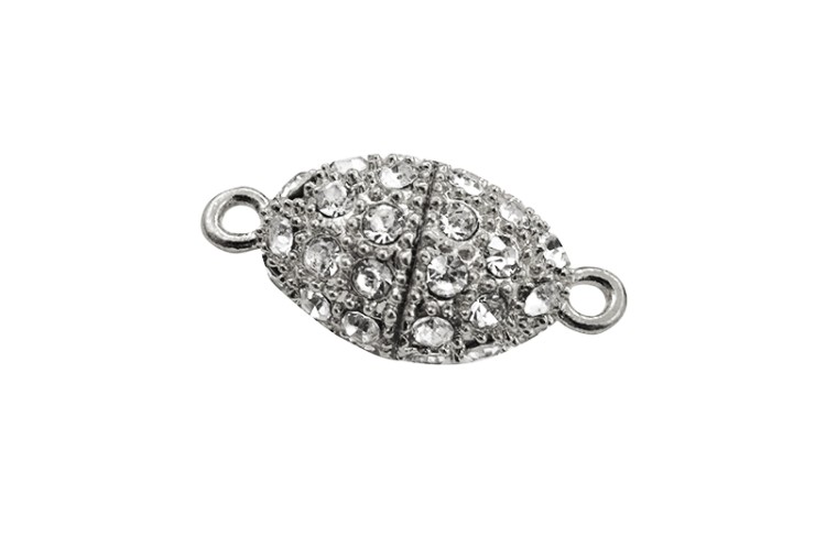 Замок магнитный Овальный со стразами 26х13мм, отверстие 1,8мм, цвет серебро, сплав металлов, 10-061, 1шт Замок магнитный Овальный со стразами 26х13мм, отверстие 1,8мм, цвет серебро, сплав металлов, 10-061, 1шт