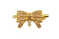 Замок-защелка Бант 30х16х6мм, отверстие 2мм, штифт 0,8мм, цвет золото, латунь/цирконий, 06-067, 1шт
