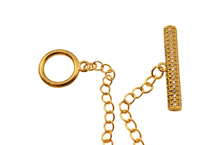 Замок тогл с цепочками 12х60х2мм/21х56х4мм, отверстие 3мм, цвет золото, латунь/цирконий, 16К позолота, 12-095, 1 комплект Замок тогл с цепочками 12х60х2мм/21х56х4мм, отверстие 3мм, цвет золото, латунь/цирконий, 16К позолота, 12-095, 1 комплект