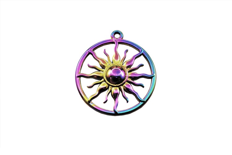 Подвеска Солнце 26,5х24х3мм, отверстие 1,4мм, цвет разноцветный перелив, хирургическая сталь, 22-032, 1шт Подвеска Солнце 26,5х24х3мм, отверстие 1,4мм, цвет разноцветный перелив, хирургическая сталь, 22-032, 1шт