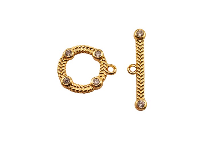 Замок тогл Круглый 15х13х2мм/21х4х2мм, отверстие 1мм, цвет золото, латунь/цирконий, 18К позолота, 12-064, 1 комплект Замок тогл Круглый 15х13х2мм/21х4х2мм, отверстие 1мм, цвет золото, латунь/цирконий, 18К позолота, 12-064, 1 комплект