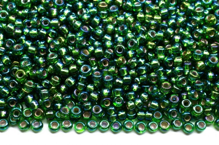 Бисер японский MIYUKI круглый 11/0 #1016 зеленый, радужный, серебряная линия внутри, 10 грамм Бисер японский MIYUKI круглый 11/0 #1016 зеленый, радужный, серебряная линия внутри, 10 грамм
