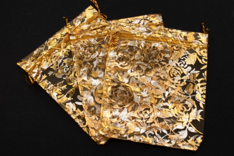 Сумочка из органзы подарочная около 9,5х12см, цвет золото с рисунком, 36-023, 1шт Сумочка из органзы подарочная около 9,5х12см, цвет золото с рисунком, 36-023, 1шт