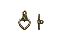 Замок тогл Сердце 20х13х2,5мм/17х7х3мм, отверстие 2 и 1,5мм, цвет античная бронза, сплав металлов, 12-028, 1 комплект