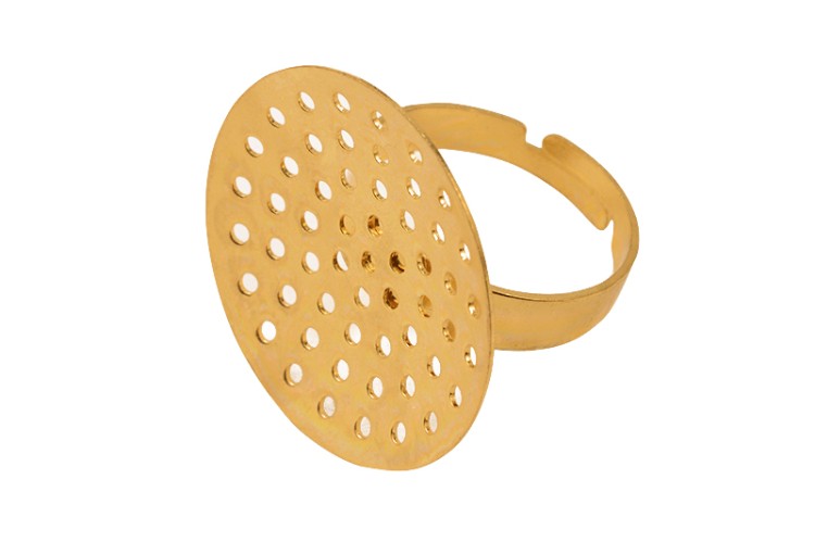 Основа для кольца с сеточкой 18мм (регулируется), диаметр сеточки 25мм, отверстие 1мм, цвет золото, хирургическая сталь, 15-016, 1шт Основа для кольца с сеточкой 18мм (регулируется), диаметр сеточки 25мм, отверстие 1мм, цвет золото, хирургическая сталь, 15-016, 1шт