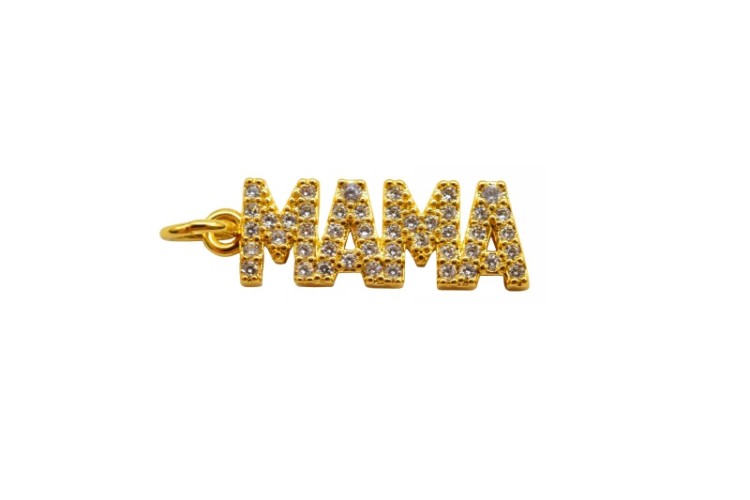 Подвеска MAMA 21х7х2мм, отверстие 1,8мм, латунь/фианиты, золото, 18k позолота, 22-750, 1шт Подвеска MAMA 21х7х2мм, отверстие 1,8мм, латунь/фианиты, золото, 18k позолота, 22-750, 1шт