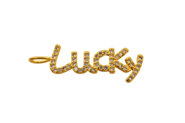 Подвеска LUCKY 30х8х2мм, отверстие 3х4мм, латунь/фианиты, золото, 18k позолота, 22-740, 1шт Подвеска LUCKY 30х8х2мм, отверстие 3х4мм, латунь/фианиты, золото, 18k позолота, 22-740, 1шт