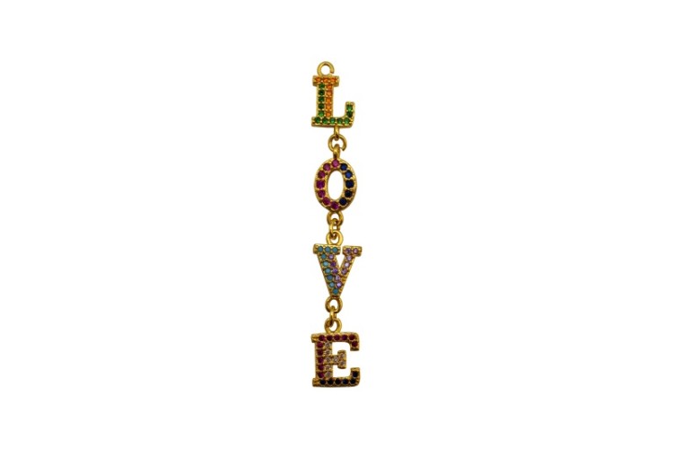 Подвеска LOVE 62х9х2мм, отверстие 1,5мм, латунь/цирконий, разноцветный, 18k позолота, 22-745, 1шт Подвеска LOVE 62х9х2мм, отверстие 1,5мм, латунь/цирконий, разноцветный, 18k позолота, 22-745, 1шт