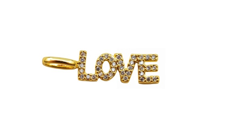 Подвеска LOVE 25х7х2мм, отверстие 3,5х5,5мм, латунь/фианиты, золото, 22-742, 1шт Подвеска LOVE 25х7х2мм, отверстие 3,5х5,5мм, латунь/фианиты, золото, 22-742, 1шт