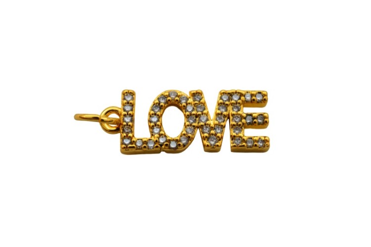 Подвеска LOVE 19х7х2мм, отверстие 2,4мм, латунь/фианиты, золото, 18k позолота, 22-744, 1шт Подвеска LOVE 19х7х2мм, отверстие 2,4мм, латунь/фианиты, золото, 18k позолота, 22-744, 1шт