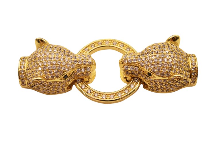 Замок с концевиками Леопард, 52х21х11мм, отверстие 1мм, цвет золото, латунь/цирконий, 08-076, 1шт Замок с концевиками Леопард, 52х21х11мм, отверстие 1мм, цвет золото, латунь/цирконий, 08-076, 1шт