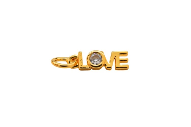 Подвеска LOVE 12х4х2мм, отверстие 3мм, латунь/цирконий, золото, 18k позолота, 22-635, 1шт Подвеска LOVE 12х4х2мм, отверстие 3мм, латунь/цирконий, золото, 18k позолота, 22-635, 1шт