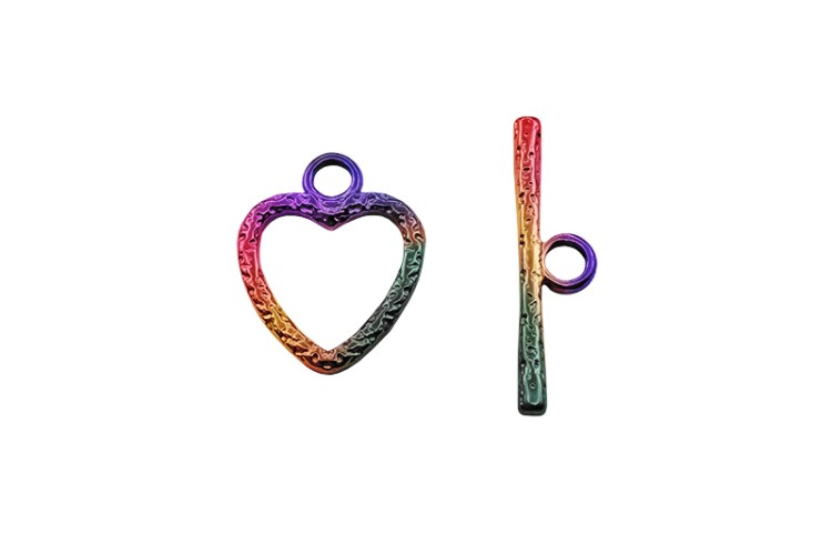 Замок тогл Сердце 17х14х2мм/22х6х2мм, отверстие 3мм, цвет разноцветный перелив, хирургическая сталь, 12-045, 1 комплект Замок тогл Сердце 17х14х2мм/22х6х2мм, отверстие 3мм, цвет разноцветный перелив, хирургическая сталь, 12-045, 1 комплект