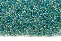 Бисер китайский круглый размер 12/0, цвет 0215 прозрачный, зеленая линия внутри, радужный, 85г