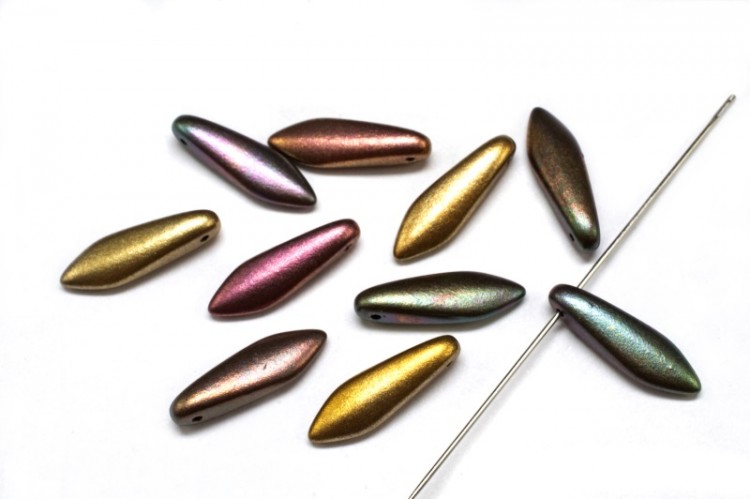 Бусины Dagger beads 16х5мм, отверстие 0,8мм, цвет 01640 золотой/фиолетовый ирис матовый, 736-090, 10шт Бусины Dagger beads 16х5мм, отверстие 0,8мм, цвет 01640 золотой/фиолетовый ирис матовый, 736-090, 10шт
