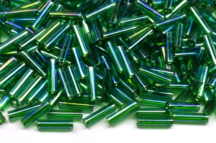 Бисер японский Miyuki Bugle стеклярус 6мм #0179 зеленый, прозрачный радужный, 10 грамм Бисер японский Miyuki Bugle стеклярус 6мм #0179 зеленый, прозрачный радужный, 10 грамм