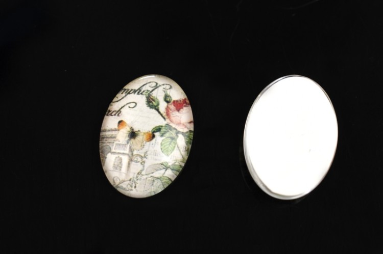Кабошон стеклянный овальный с принтом Бабочка и Роза 25х18х6мм, цвет разноцветный, 2001-023, 1шт Кабошон стеклянный овальный с принтом Бабочка и Роза 25х18х6мм, цвет разноцветный, 2001-023, 1шт
