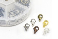 Набор замков-карабинов 12х7мм, отверстие 1,5мм, цвет серебро, платина, золото, медь, бронза, черный, сплав металлов, 07-019, 1уп (около 120шт)