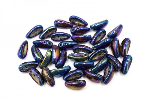 Купить Бусины Chilli beads 4x11мм, два отверстия 0,9мм, цвет 23980/21435 черный/синий ирис, Preciosa Чехия, 702-025, 10 грамм (~35шт)