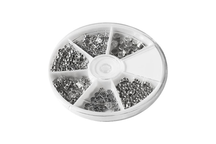 Набор бусин разделительных Цветочки 4,5-7х3-3,5мм, отверстие 1мм, цвет античное серебро, сплав металлов, 24-028, 1уп (около 120шт) Набор бусин разделительных Цветочки 4,5-7х3-3,5мм, отверстие 1мм, цвет античное серебро, сплав металлов, 24-028, 1уп (около 120шт)