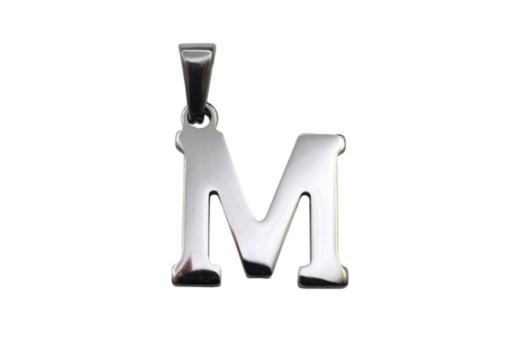 Подвеска-буква M 20х18х1,8мм, отверстие 3х7мм, цвет стальной, хирургическая сталь, 22-528, 1шт Подвеска-буква M 20х18х1,8мм, отверстие 3х7мм, цвет стальной, хирургическая сталь, 22-528, 1шт