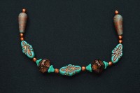 Бусина Микс Античный 5-20х4-14х4-14мм, цвет бирюзовый/медный, стеклянная, 735-075, 1 нить (21шт)