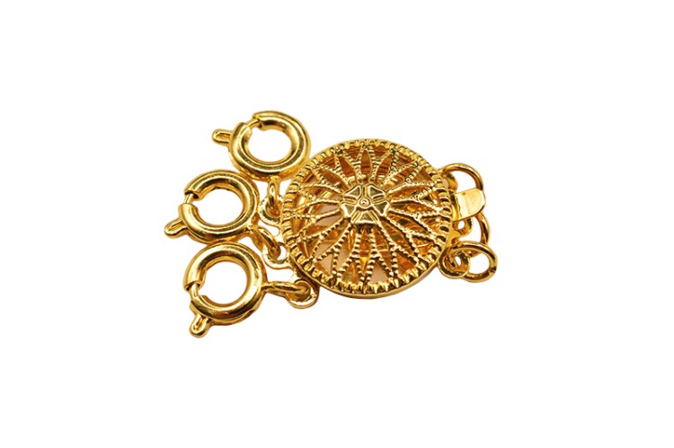 Замок-защелка на 3 нити с карабинами Круглый 25х11х5мм, отверстие 2мм, цвет золото, латунь, 06-073, 1шт Замок-защелка на 3 нити с карабинами Круглый 25х11х5мм, отверстие 2мм, цвет золото, латунь, 06-073, 1шт