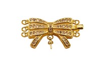 Замок-защелка на 3 нити Бант 30х15х6мм, отверстие 2мм, штифт 0,8мм, цвет золото, латунь/цирконий, 06-065, 1шт