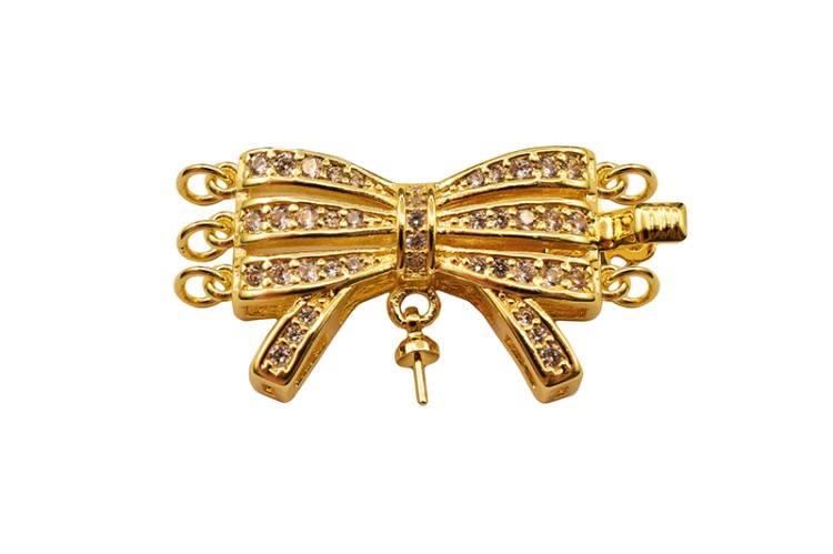 Замок-защелка на 3 нити Бант 30х15х6мм, отверстие 2мм, штифт 0,8мм, цвет золото, латунь/цирконий, 06-065, 1шт Замок-защелка на 3 нити Бант 30х15х6мм, отверстие 2мм, штифт 0,8мм, цвет золото, латунь/цирконий, 06-065, 1шт