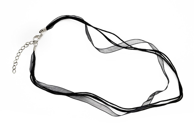 Основа для колье Лента органза + 3 вощеных шнура с карабином 44см + 5см цепочка, цвет черный, 34-028, 1шт Основа для колье Лента органза + 3 вощеных шнура с карабином 44см + 5см цепочка, цвет черный, 34-028, 1шт