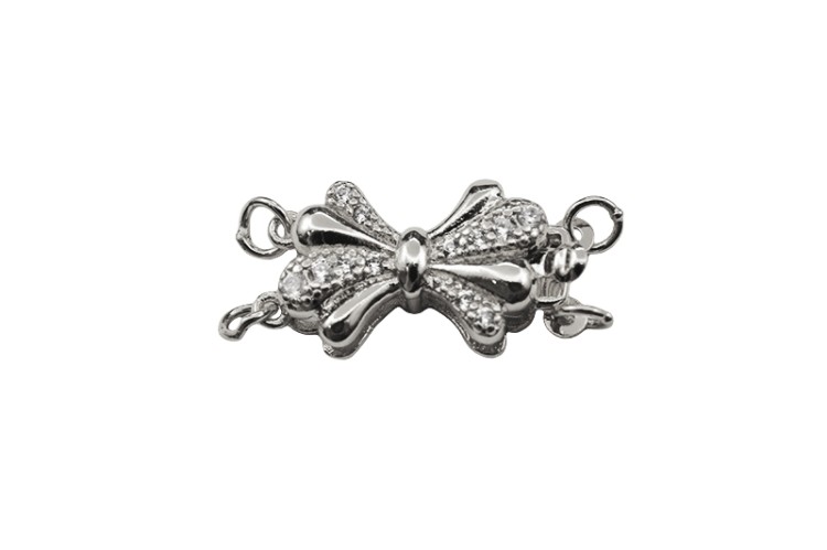 Замок-защелка на 2 нити Бант 21х10х5мм, отверстие 2мм, цвет платина, латунь/цирконий, 06-056, 1шт Замок-защелка на 2 нити Бант 21х10х5мм, отверстие 2мм, цвет платина, латунь/цирконий, 06-056, 1шт