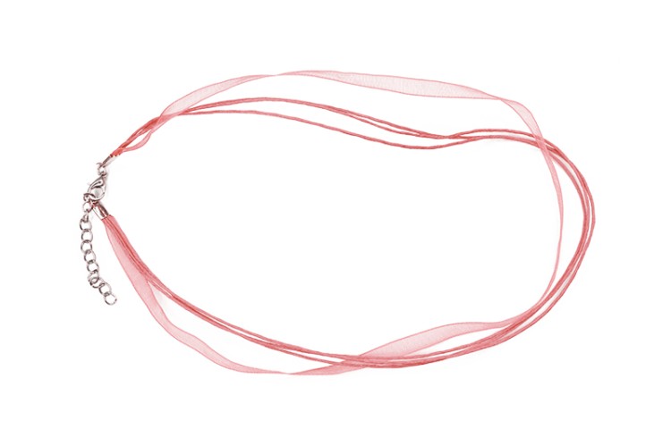 Основа для колье Лента органза + 3 вощеных шнура с карабином 44см + 5см цепочка, цвет розовый, 34-019, 1шт Основа для колье Лента органза + 3 вощеных шнура с карабином 44см + 5см цепочка, цвет розовый, 34-019, 1шт