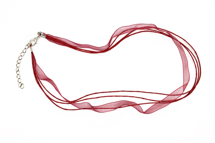 Основа для колье Лента органза + 3 вощеных шнура с карабином 44см + 5см цепочка, цвет бордовый, 34-042, 1шт Основа для колье Лента органза + 3 вощеных шнура с карабином 44см + 5см цепочка, цвет бордовый, 34-042, 1шт